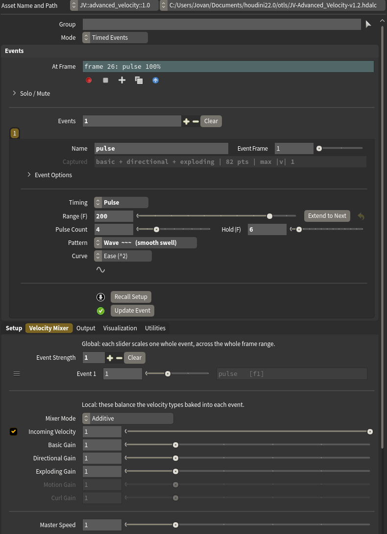 The Timed Events panel and the Velocity Mixer tab