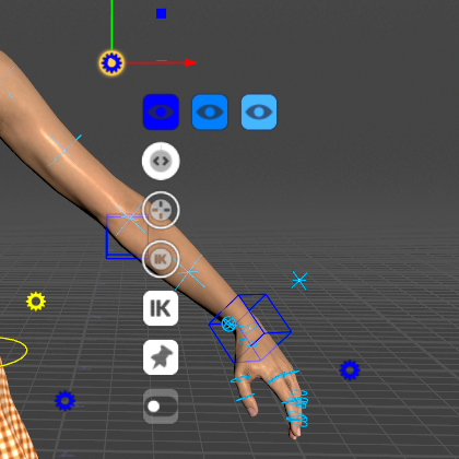 The left arm gear selected: the three LOD eye icons in a row, the round slider dials below them, the IK/FK switch, the pin and a toggle